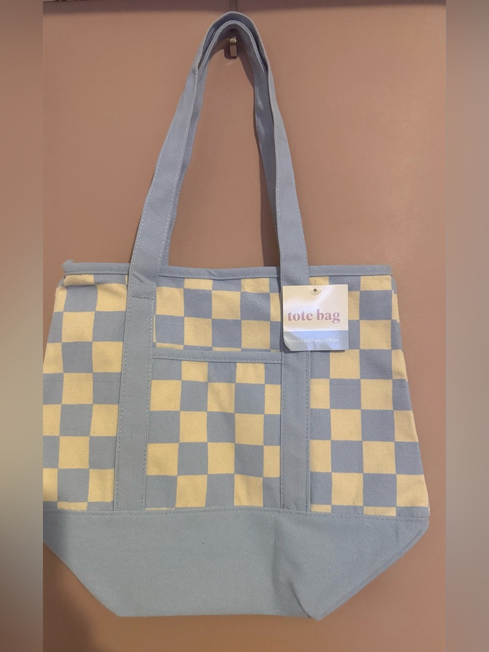 Checkerboard Canvas Tote Bag in Light Blue and Cream